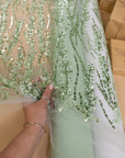 Leaves Love - Pistachio Green Leaf Lace Fabric, Beaded & Sequin Floral Embroidered Mesh with 3D Leaves for Dresses, Gowns, Couture Sewing