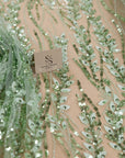 Leaves Love - Pistachio Green Leaf Lace Fabric, Beaded & Sequin Floral Embroidered Mesh with 3D Leaves for Dresses, Gowns, Couture Sewing