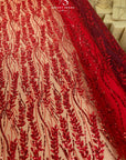 Leaves Love - Dark Red Beaded Lace Fabric, Leaf Lace Fabric, Sequin Floral Embroidery with 3D Leaves on Mesh for Gowns, Evening Dresses, DIY