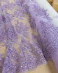 Belle - Lavender Purple - Embroidered Floral Lace with Beaded Cord and Scalloped Edges for Wedding Veils, Couture Dresses by the Yard