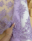Belle - Lavender Purple - Embroidered Floral Lace with Beaded Cord and Scalloped Edges for Wedding Veils, Couture Dresses by the Yard