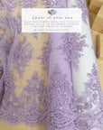 Belle - Lavender Purple - Embroidered Floral Lace with Beaded Cord and Scalloped Edges for Wedding Veils, Couture Dresses by the Yard