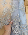 Belle - Lt Gray - Corded Floral Lace with Silver Beaded Edges and Scalloped Trim for Bridal Gowns, Evening Wear by the Yard
