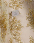 Belle - Golden - Luxurious Gold Corded Lace with Beaded Floral Patterns and Scalloped Trim for Bridal Veils, Couture Gowns by the Yard