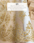 Belle - Golden - Luxurious Gold Corded Lace with Beaded Floral Patterns and Scalloped Trim for Bridal Veils, Couture Gowns by the Yard