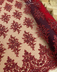 Belle - Wine - Deep Burgundy Corded Lace with Beaded Floral Motifs and Scalloped Edges for Evening Gowns, Prom Dresses by the Yard