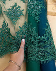 Belle - Emerald Green - Rich Corded Floral Lace with Beaded Accents and Scalloped Borders for Couture, Bridal Appliques by the Yard
