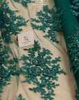 Belle - Emerald Green - Rich Corded Floral Lace with Beaded Accents and Scalloped Borders for Couture, Bridal Appliques by the Yard