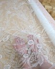 Coral Reef - Ivory Lace Fabric Sea Themed Bridal Beaded Lace with Pearls & Sequins, Mesh Lace for Wedding Gowns, Couture Dresses with Corals