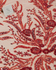 Coral Reef - Dark Red-Wine Lace Fabric, Beaded & Sequin Embroidered Tulle with Pearls, Ocean Theme Corals Lace Mesh for Gowns, Couture Dress