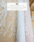 Leaves Love - Off white 3D Floral Leaf Lace with Sequins & Beads, Embroidered Botanical Mesh Tulle for Bridal Dresses, Gowns, Veils