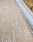 Leaves Love - Off white 3D Floral Leaf Lace with Sequins & Beads, Embroidered Botanical Mesh Tulle for Bridal Dresses, Gowns, Veils