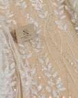 Leaves Love - Ivory 3D Leaves Beaded Lace, Sheer Bridal Mesh with Clear Sequins and Floral Leaf Embroidery for Wedding Dress or Veil