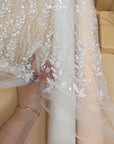 Leaves Love - Ivory 3D Leaves Beaded Lace, Sheer Bridal Mesh with Clear Sequins and Floral Leaf Embroidery for Wedding Dress or Veil