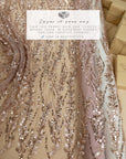 Leaves Love - Rose Gold Leaf Lace Fabric, 3D Leaves Embroidery with Sequins on Mesh for Dresses, Evening Gowns, Bridal Projects