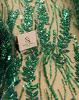 Leaves Love - Emerald Green Leaf Lace Fabric, Beaded & Sequin Floral Embroidery with 3D Leaves on Mesh for Gowns, Evening Dress, Couture DIY