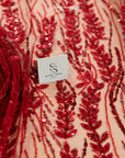 Leaves Love - Dark Red Beaded Lace Fabric, Leaf Lace Fabric, Sequin Floral Embroidery with 3D Leaves on Mesh for Gowns, Evening Dresses, DIY