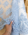 Belle - Soft Blue - Beaded Floral Lace with Delicate Corded Details and Scalloped Hem for Bridal, Formal Gowns by the Yard
