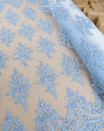 Belle - Soft Blue - Beaded Floral Lace with Delicate Corded Details and Scalloped Hem for Bridal, Formal Gowns by the Yard