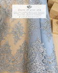 Belle - Lt Gray - Corded Floral Lace with Silver Beaded Edges and Scalloped Trim for Bridal Gowns, Evening Wear by the Yard