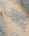 Belle - Lt Gray - Corded Floral Lace with Silver Beaded Edges and Scalloped Trim for Bridal Gowns, Evening Wear by the Yard