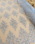 Belle - Lt Gray - Corded Floral Lace with Silver Beaded Edges and Scalloped Trim for Bridal Gowns, Evening Wear by the Yard