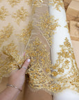 Belle - Golden - Luxurious Gold Corded Lace with Beaded Floral Patterns and Scalloped Trim for Bridal Veils, Couture Gowns by the Yard