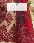 Belle - Wine - Deep Burgundy Corded Lace with Beaded Floral Motifs and Scalloped Edges for Evening Gowns, Prom Dresses by the Yard