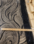 Crystal Lines - Black - Lace Fabric, Abstract Wave Sequin & Bead Mesh, Art Deco Couture Overlay for Prom, Pageant, Evening Gowns |