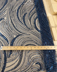 Crystal Lines - Navy Blue - Abstract Waves Lace, Beaded Sequin on Soft Mesh, Modern Art Deco Fabric for Couture Dresses, Stage & Prom |