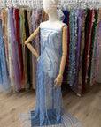 Crystal Lines - Pastel Blue - Ripple Lace, Soft Sequin Beaded Mesh with Abstract Swirl Pattern, Couture Overlay for Dresses & Dance |