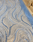Crystal Lines - Pastel Blue - Ripple Lace, Soft Sequin Beaded Mesh with Abstract Swirl Pattern, Couture Overlay for Dresses & Dance |