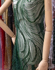 Crystal Lines - Emerald Green - Currents Lace, Geometric Wave Sequin Beaded Mesh for Statement Gown, Luxury Overlays, Performance Wear |