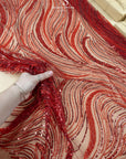 Crystal Lines - Dark Red - Beaded Lace Fabric, Abstract Lace, Sequin Bead Wave Pattern on Mesh, Couture Fabric for Prom Dress, Capes |