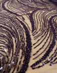 Crystal Lines - Deep Purple - Swirl Lace, Abstract Contour Line Sequin Beaded Mesh, Art Deco Couture Fabric for Eveningwear & Theatrical Gowns |