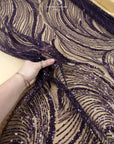 Crystal Lines - Deep Purple - Swirl Lace, Abstract Contour Line Sequin Beaded Mesh, Art Deco Couture Fabric for Eveningwear & Theatrical Gowns |