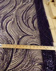 Crystal Lines - Deep Purple - Swirl Lace, Abstract Contour Line Sequin Beaded Mesh, Art Deco Couture Fabric for Eveningwear & Theatrical Gowns |