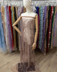 Crystal Lines - Mocha Mousse - Neutral Wave Lace, Taupe Sequin & Beaded Line Mesh, Modern Art Deco Couture Fabric for Dresses, Capes, Styling |