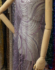 Crystal Lines - Muted Amethyst - Lace, Dusty Purple Sequin & Beaded Wave Mesh, Elegant Art Deco Overlay for Dresses, Sleeves, Trains |