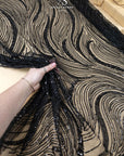 Crystal Lines - Black - Lace Fabric, Abstract Wave Sequin & Bead Mesh, Art Deco Couture Overlay for Prom, Pageant, Evening Gowns |