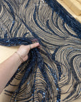 Crystal Lines - Navy Blue - Abstract Waves Lace, Beaded Sequin on Soft Mesh, Modern Art Deco Fabric for Couture Dresses, Stage & Prom |