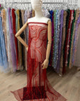 Crystal Lines - Dark Red - Beaded Lace Fabric, Abstract Lace, Sequin Bead Wave Pattern on Mesh, Couture Fabric for Prom Dress, Capes |