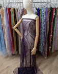 Crystal Lines - Deep Purple - Swirl Lace, Abstract Contour Line Sequin Beaded Mesh, Art Deco Couture Fabric for Eveningwear & Theatrical Gowns |