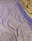 Crystal Lines - Purple Lavender - Contour Lace, Shimmering Sequin Line Waves on Soft Mesh, Modern Couture Fabric for Prom, Dance, Photo Shoots |