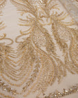 Phoenix - Champagne Gold Vibrant Sequin Lace with Beaded Feather Embroidery on Mesh, Luxury Bridal Fabric by the Yard