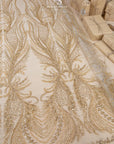Phoenix - Champagne Gold Vibrant Sequin Lace with Beaded Feather Embroidery on Mesh, Luxury Bridal Fabric by the Yard