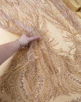 Phoenix - Champagne Blush Vibrant Sequin Lace with Beaded Feather Embroidery on Mesh, Luxury Bridal Fabric by the Yard