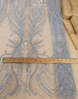 Phoenix - Light Silver Grey Vibrant Sequin Lace with Beaded Feather Embroidery on Mesh, Luxury Bridal Fabric by the Yard