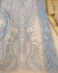 Phoenix - Light Silver Grey Vibrant Sequin Lace with Beaded Feather Embroidery on Mesh, Luxury Bridal Fabric by the Yard