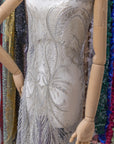 Phoenix - Light Silver Grey Vibrant Sequin Lace with Beaded Feather Embroidery on Mesh, Luxury Bridal Fabric by the Yard